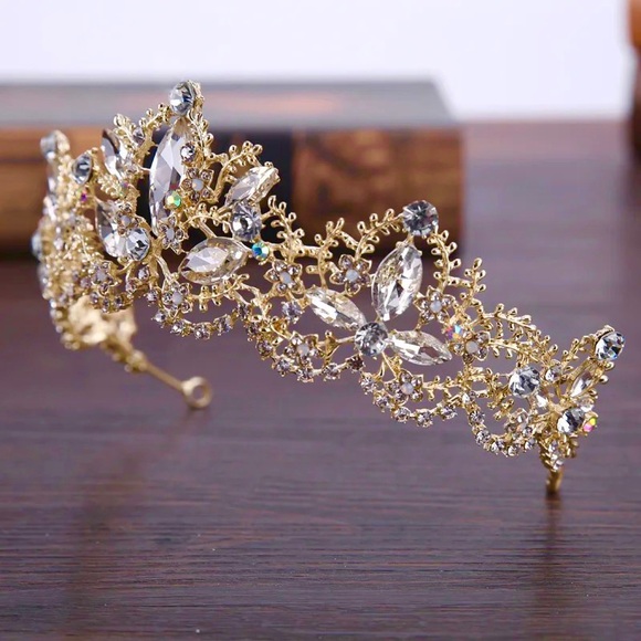 Gold Crystal Rhinestone Embellished Wedding Crown - Picture 7 of 8